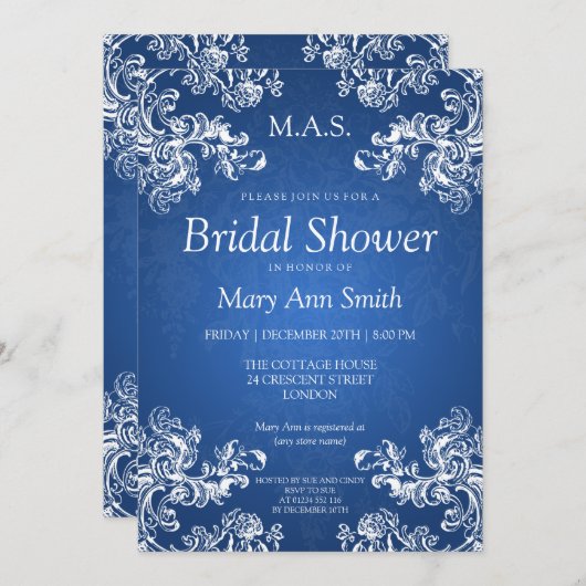 ブライダルシャワーヴィンテージエレガントが2つのサファイアを旋回 招待状 (正面/裏面)