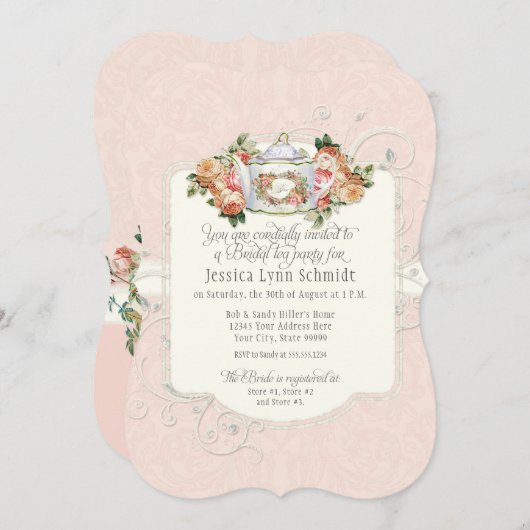 ブライダルシャワーヴィンテージエレガントバラフローラ形状 招待状 (正面/裏面)