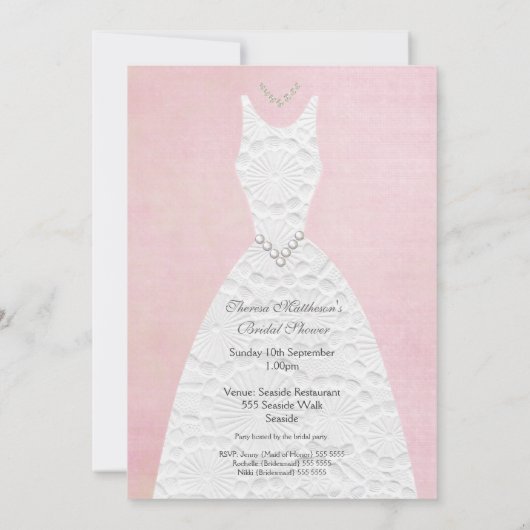 ブライダルシャワーヴィンテージピンクホ結婚ワイトズドレス 招待状 (裏面)