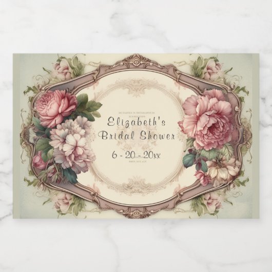 ブライダルシャワーヴィンテージメイブフレームピンクの花 スパークリングワインラベル (シングルラベル)