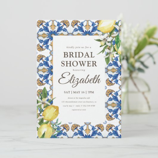ブライダルシャワーヴィンテージレモン地中海の葉 招待状 (スタンド正面)