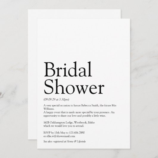 ブライダルシャワー定義の白黒 招待状 (正面/裏面)