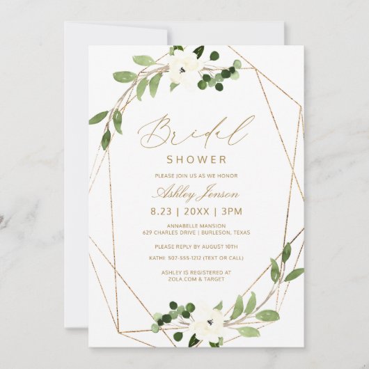ブライダルシャワー幾何学的な緑のつる植物水色 招待状 (正面)