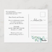 ブライダルシャワー延期された日付の変更ユーカリ ポストカード (裏面)