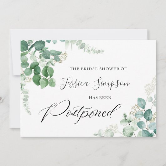 ブライダルシャワー延期された日付の変更ユーカリ 招待状 (正面)