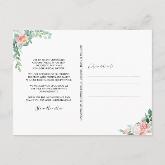 ブライダルシャワー延期された日付赤面ピンクフローラ 案内ポストカード (裏面)