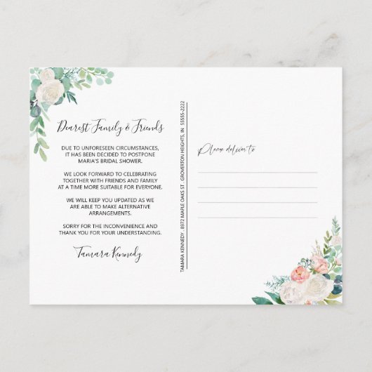 ブライダルシャワー延期された水の色のフローラ緑 案内ポストカード (裏面)