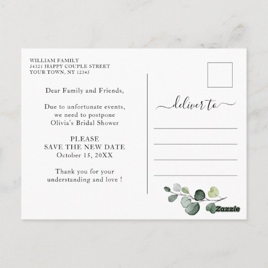 ブライダルシャワー延期エレガント日ユーカリ ポストカード (裏面)