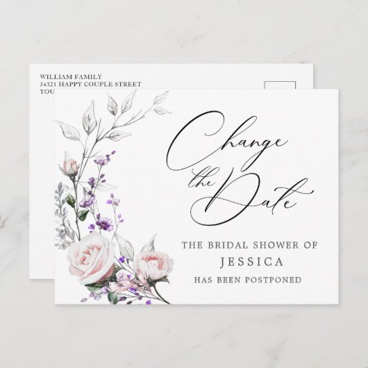 ブライダルシャワー延期日エレガント赤面バラ ポストカード (正面/裏面)