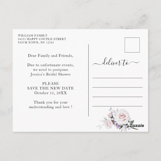 ブライダルシャワー延期日エレガント赤面バラ ポストカード (裏面)