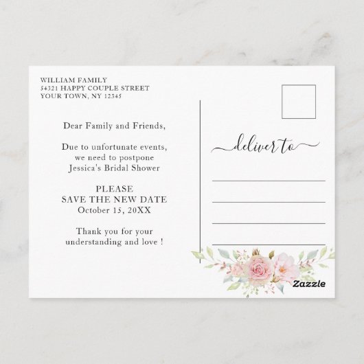 ブライダルシャワー延期日エレガント赤面バラ ポストカード (裏面)