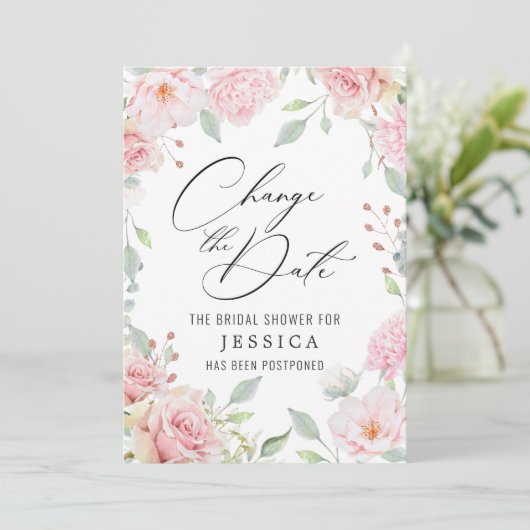 ブライダルシャワー延期日エレガント赤面バラ 招待状 (スタンド正面)