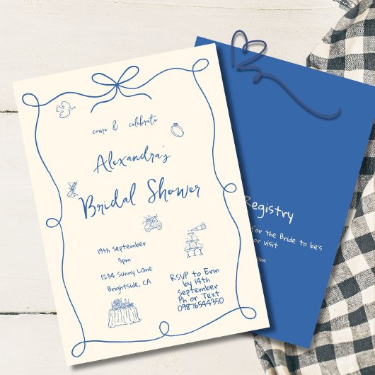 ブライダルシャワー手描きブルークリームお洒落 招待状