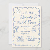 ブライダルシャワー手描きブルークリームお洒落 招待状 (正面)