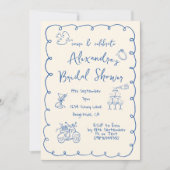 ブライダルシャワー手描きブルークリームお洒落 招待状 (正面)