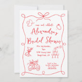 ブライダルシャワー手描き赤お洒落白 招待状 (正面)
