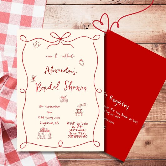 ブライダルシャワー手描き赤お洒落 招待状