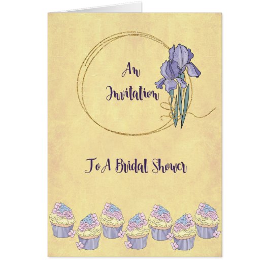 ブライダルシャワー招待カード、アイリス付き金ゴールド (正面)