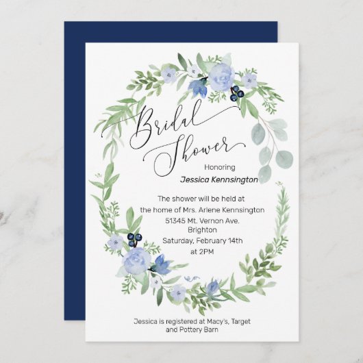 ブライダルシャワー招待ネイビーブルー花 招待状 (正面/裏面)