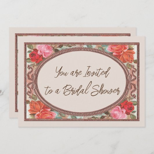 ブライダルシャワー招待ピンクヴィンテージバラ 招待状 (正面/裏面)