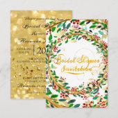 ブライダルシャワー招待フローラ金ゴールドグリッターグリーン 招待状 (正面/裏面)