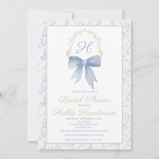 ブライダルシャワー招待ブルーダマスクと金ゴールド 招待状 (正面)