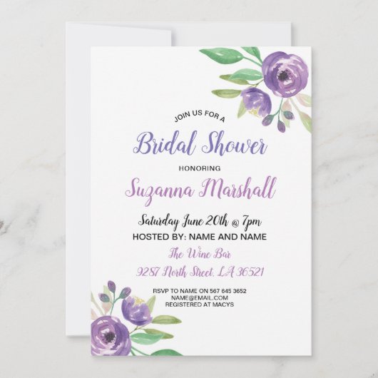 ブライダルシャワー招待状パープルフラワーフローラ薄紫 招待状 (正面)