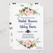 ブライダルシャワー招待状ピンクネイビーフローラブランチ セーブザデート (正面/裏面)