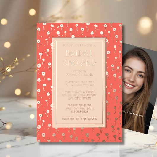 ブライダルシャワー招待状フローラピーチコーラルフォイル 箔招待状