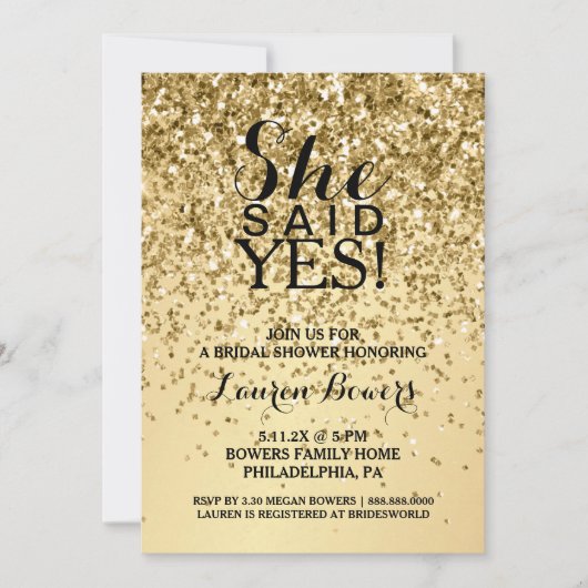 ブライダルシャワー招待状彼女が言ったYes金ゴールドグリッター 招待状 (正面)