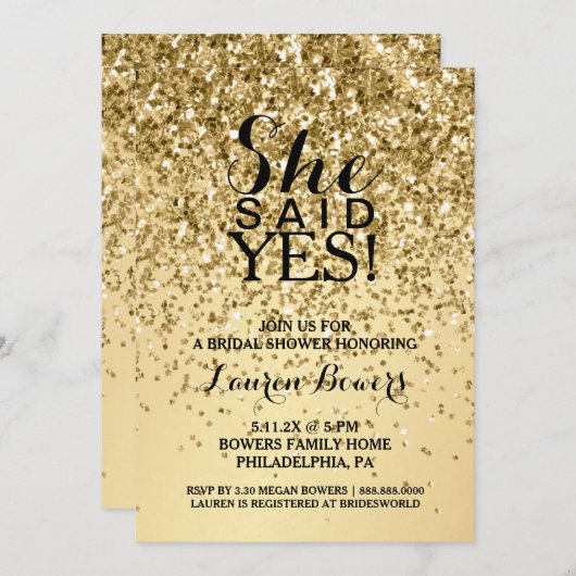 ブライダルシャワー招待状彼女が言ったYes金ゴールドグリッター 招待状 (正面/裏面)