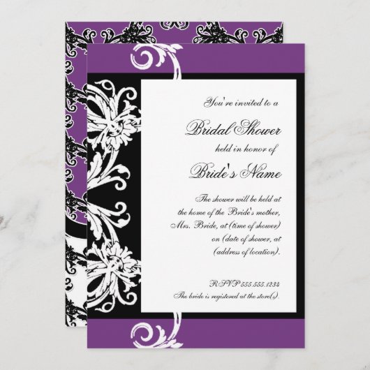 ブライダルシャワー招待状白黒パープルダマスク 招待状 (正面/裏面)