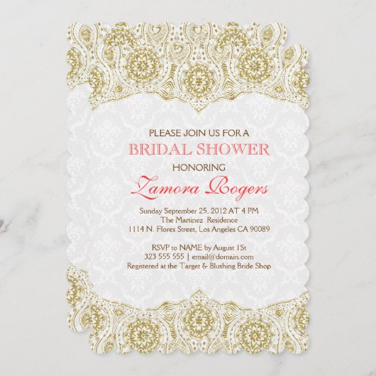 ブライダルシャワー招待状金ゴールドレースホワイトダマスク 招待状 (正面/裏面)