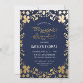 ブライダルシャワー招待状、ヴィンテージネイビー金ゴールド花 招待状 (正面)