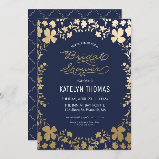 ブライダルシャワー招待状、ヴィンテージネイビー金ゴールド花 招待状 (正面/裏面)