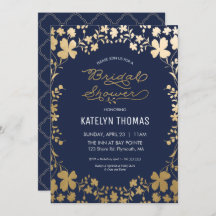 ブライダルシャワー招待状、ヴィンテージネイビー金ゴールド花