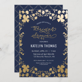 ブライダルシャワー招待状、ヴィンテージネイビー金ゴールド花 招待状
