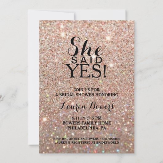 ブライダルシャワー招待状 – 彼女が言ったYesバラ金ゴールド 招待状 (正面)