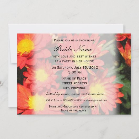 ブライダルシャワー招待、オレンジ色のデイジー花 招待状 (正面)