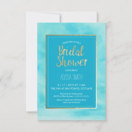 ブライダルシャワー招待 – 水彩、ビーチ、金ゴールド 招待状 (正面)