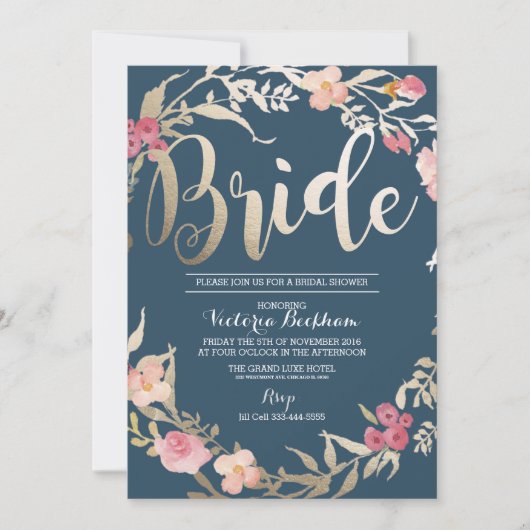 ブライダルシャワー招待、海軍フローラフォイル花嫁 招待状 (正面)