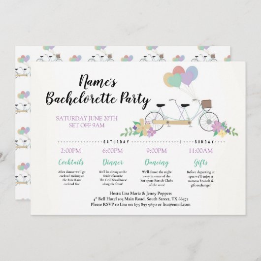 ブライダルシャワー旅程タンデムバイクバルーンおもしろい 招待状 (正面/裏面)