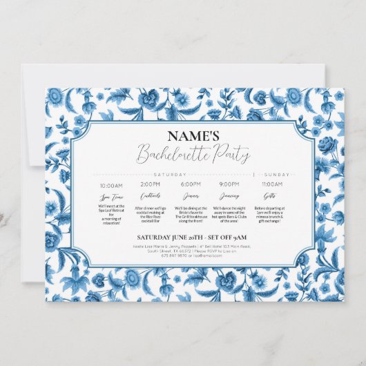ブライダルシャワー旅程チンツブルー&ホワイトフローラ 招待状 (正面)