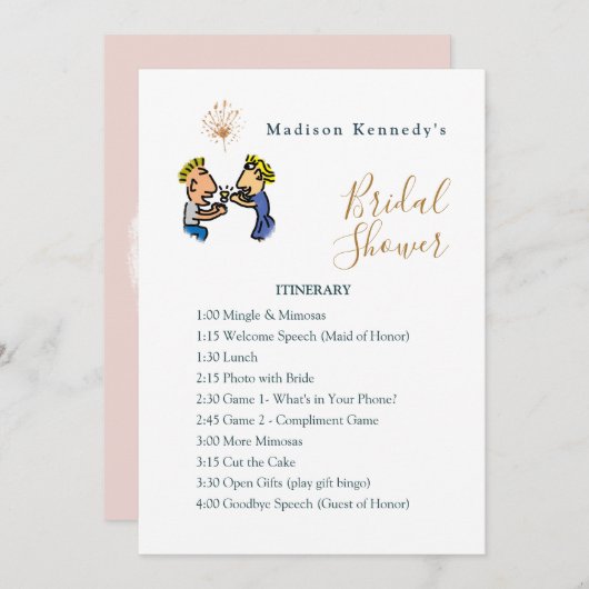 ブライダルシャワー旅程プランかわいいカップル漫画 招待状 (正面/裏面)