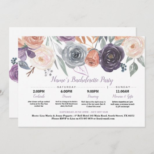 ブライダルシャワー旅程秋ピーチパープルクリーム 招待状 (正面/裏面)