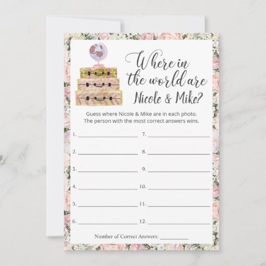 ブライダルシャワー旅行写真推測ゲームカード 招待状 (正面)