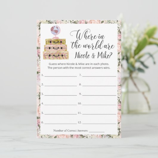 ブライダルシャワー旅行写真推測ゲームカード 招待状 (スタンド正面)