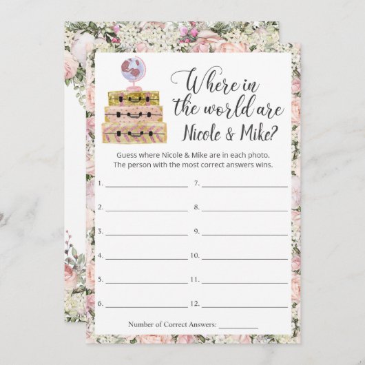 ブライダルシャワー旅行写真推測ゲームカード 招待状 (正面/裏面)