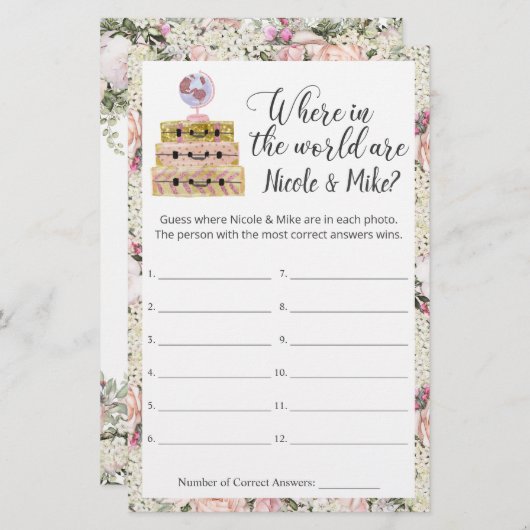 ブライダルシャワー旅行写真推測ゲームシート (正面/裏面)