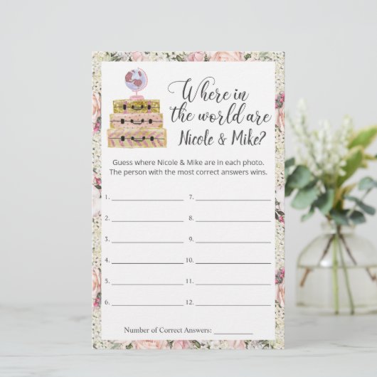 ブライダルシャワー旅行写真推測ゲームシート (スタンド正面)